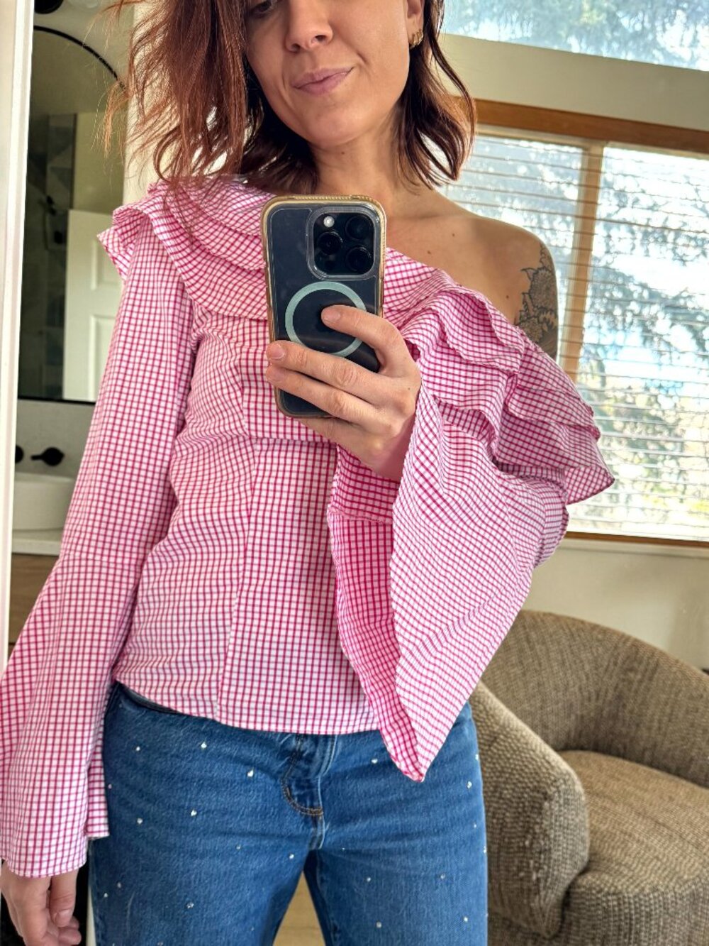 Scripted Cottagecore Gingham Off Shoulder Ruffle Blouse Top (M)